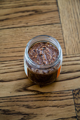 Homemade Healthy Organic Raw Vegan Nut Cream with Cocoa and Date Fruit in Jar / No Sugar Free.