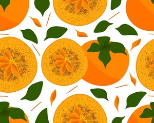 Seamless pattern of persimmon, half fruit, leaves, seed. Organic food background. As wallpaper, wrapping, print for clothes, fabric textile, bag tshirt