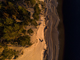 Beautiful drone areal photography view of large dune and pine forest near river Lielupe. Photo taken on sunset.