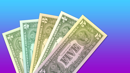 Illustration wallpaper multi-colored fictitious banknotes of the usa with a face value of 1 to 5 dollars