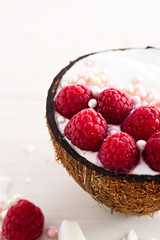 ice cream with raspberry in coconut bowl on white background, smoothie bowl concept