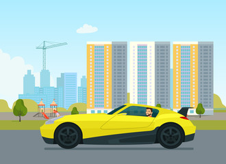 Sport coupe car with a driver man on a background cityscape. Vector flat style illustration.