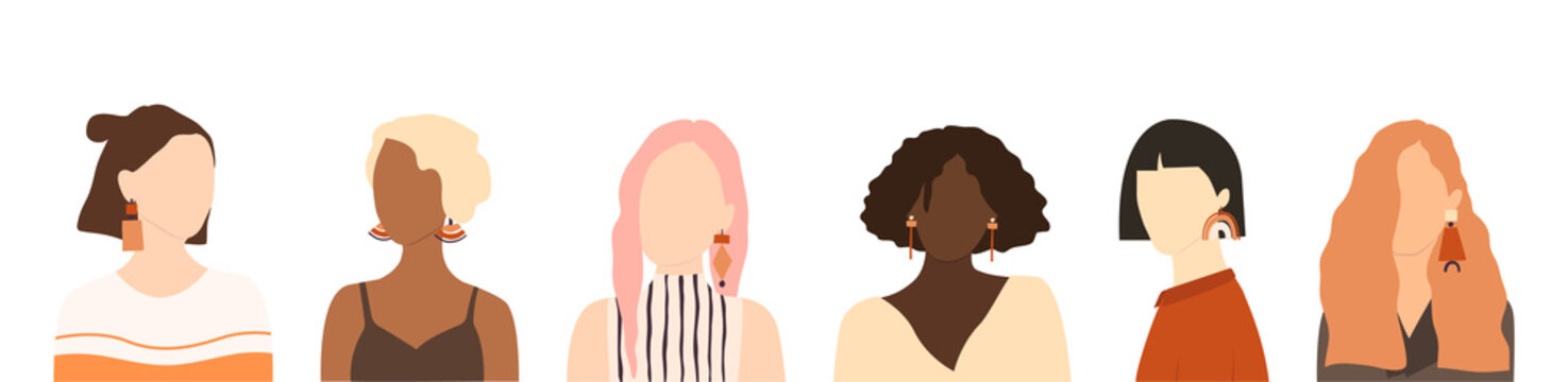 Collection of portraits of young stylish women different nationalities. Bundle girls with different skin color, hairstyles and accessories. Set of modern female avatars. Flat vector illustration