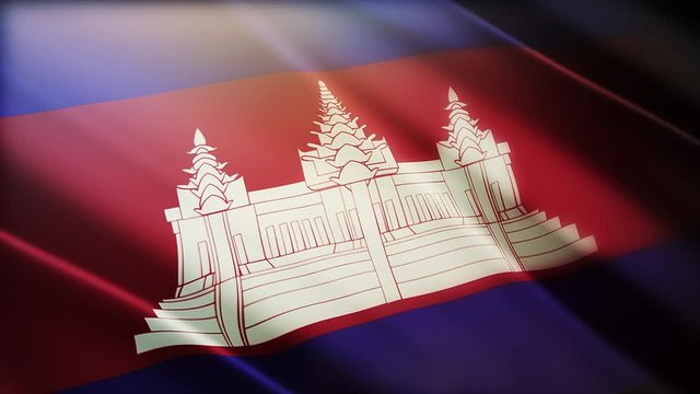 4k Cambodia National flag slow waving with visible wrinkles in Cambodian wind blue sky seamless loop background.A fully digital rendering;animation loops at 40 seconds;smooth texture.