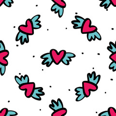 Girly seamless pattern with Fashion elements: heart with wings and crown, man and woman sign. Vector trendy illustration for notebook, textile, wallpaper, tshirt in a hand drawn doodle cartoon style