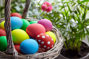 Easter Day, basket with colorful Easter Eggs