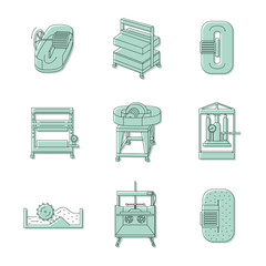 Vector illustration. Thin line icon set of equipment for hand papermaking. Related for logo, instruction, workshop. Hydraulic press, hollander beater, drying box. Linear symbols set
