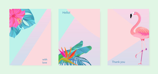 Tropical summer set with flamingos, palm leaves and hibiscus. For greting cards, party, poster, birthday, wedding. Summer jungle background. Vector illustration © natikka