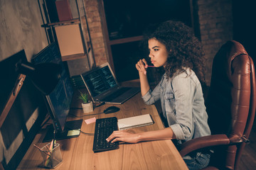 Top above high angle view profile side photo thoughtful afro american girl web geek hacker sit...
