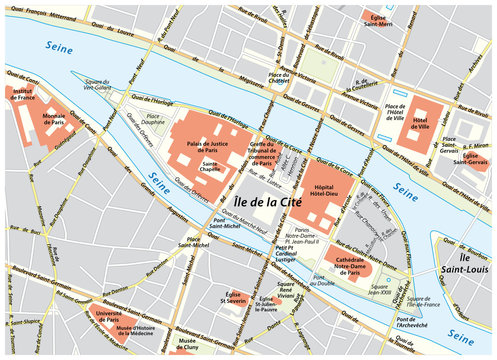 Vector street map of Ile de la Cite in Paris, France