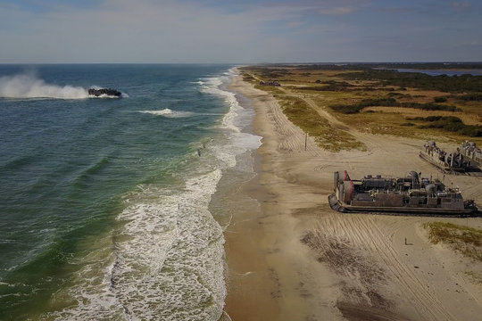 hovercrafts on the beach during the Amphibious Bold Alligator Exercise organized by the US Navy and the Marine Corps