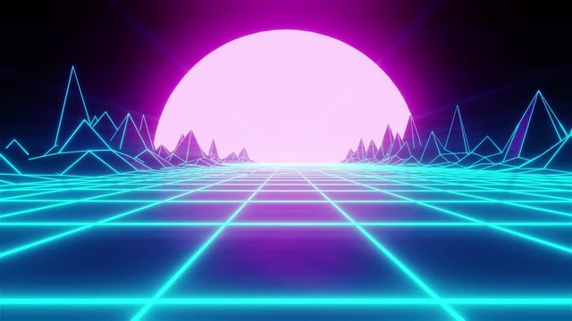 3D Animation of retro Synthwave Style Night flight for wireframe 80s VJ Arcade Motion Design Background