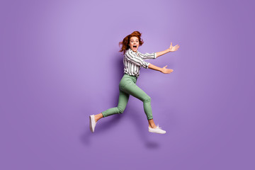 Full size profile photo of cheerful woman jump see her best friend run fast want hug wear formalwear style outfit sneakers isolated over purple color background