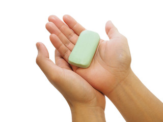 sparkling clean hands hands holding green soap palms facing up