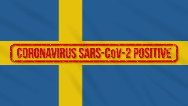 Swedish swaying flag stamped with red positive response to COVID-19, loop