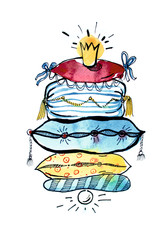 Cute watercolor pillows one on top of the other with a Princess crown on top and a round pea on the bottom hand drawn on white background. Illustration for a book, notebook cover, poster, cards.