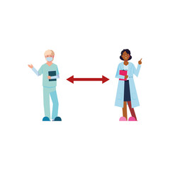 doctors keep distance on white background
