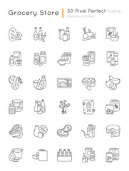Groceries category pixel perfect linear icons set