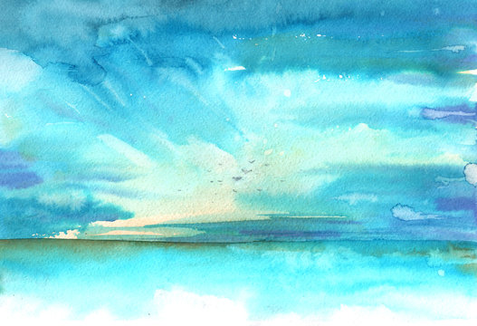 Hand drawn watercolor sea landscape illustration 