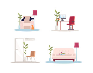 House and office empty interior semi flat RGB color vector illustrations set