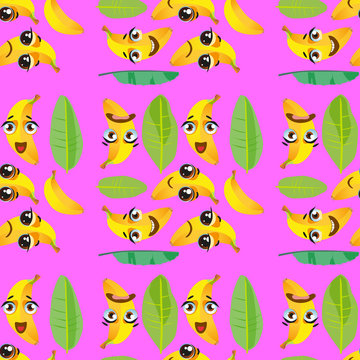 Cute seamless pattern with cartoon emoji fruits on pink background