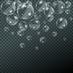 Flying transparent soap bubbles on checkered background.Reaistic colored balls.Vector texture.