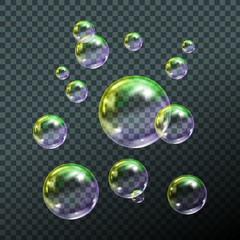 Flying transparent soap bubbles on checkered background.Reaistic colored balls.Vector texture.