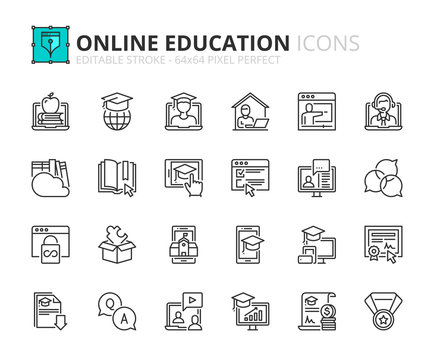 Simple set of outline icons about online education.