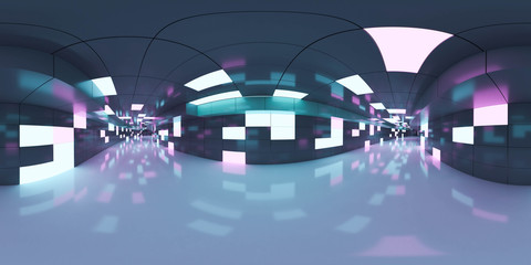 Full 360 degree equirectangular panorama hdri of modern futuristic white hallway interior 3d render illustration