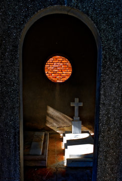 Through the window.