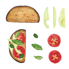 Watercolor set of sandwich with rye toast, avocado, tomato and basil isolated on white background. Hand drawing illustration of healthy food, snack, home food. Clip art.