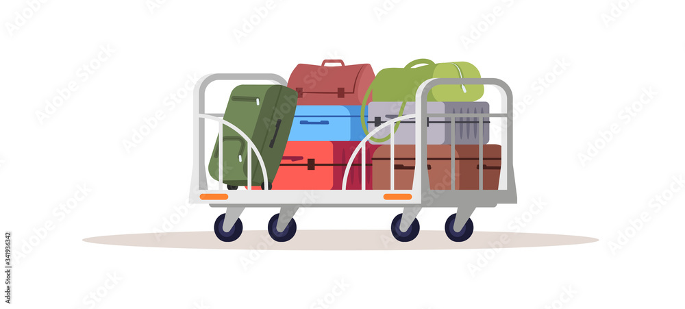 Poster baggage on cart semi flat rgb color vector illustration