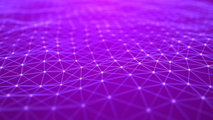 Abstract dynamic wave of points and lines. Perspective grid. Big data. Network of particles. Digital background. 3d rendering.