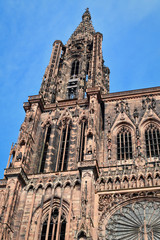 Tower of famous Strasbourg Cathedral in France in romanesque and gothic architecture style