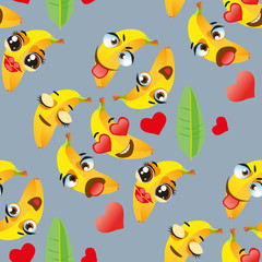 Fototapeta premium Cute seamless pattern with cartoon emoji fruits on gray background