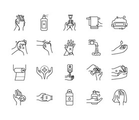 soap and hand hygiene icon set, line style