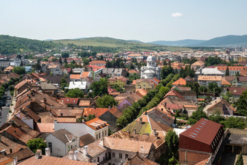 Fototapeta na wymiar View of Bistrita town from Evangelical Church tower, Transylvania, Romania