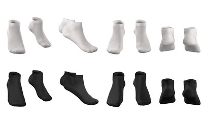 Set short white and black socks. Side (3/4), front, back views. Mockup clothes for design, logo, branding. Close-up sportswear. 3d realistic detailed illustration isolated on white background.