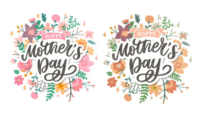Happy Mothers Day lettering. Handmade calligraphy vector illustration. Mother's day card with flowers