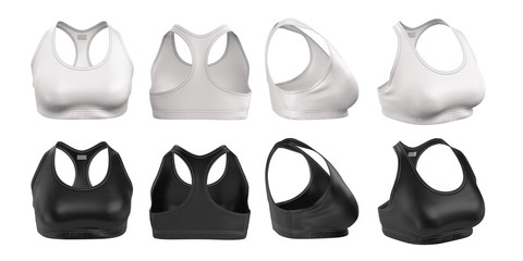 Sports women's top bra of white and black. Front, back, side (3\4) view. Sportswear set. Mock up for design and branding. Blank clean template. 3d realistic illustration isolated on white background