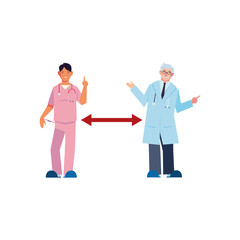 doctors keep distance on white background