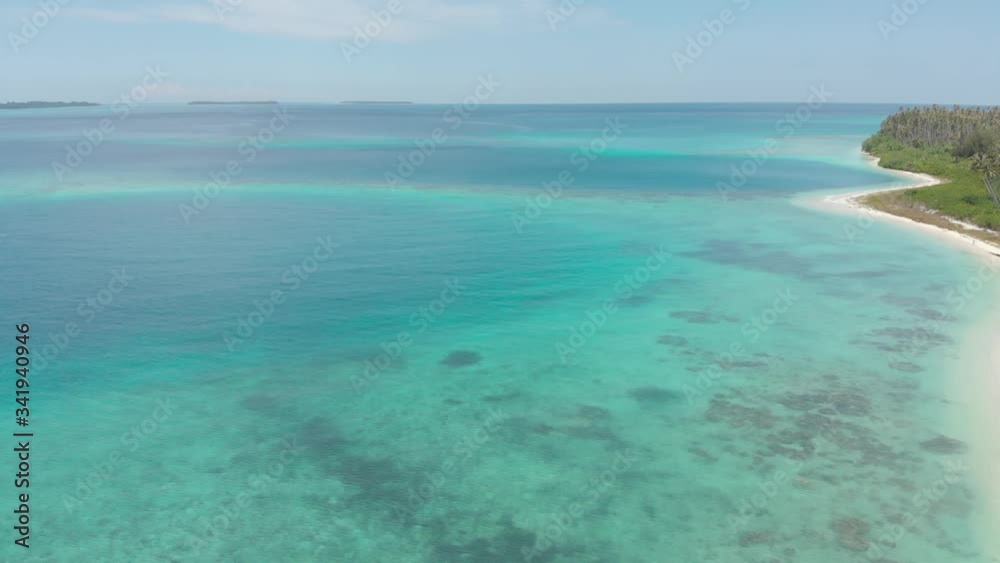 Canvas Prints Aerial: flying over exotic white sand beach tropical island secluded destination away from it all, coral reef caribbean sea turquoise water. Indonesia Sumatra Banyak islands. Native cinelike D-log.