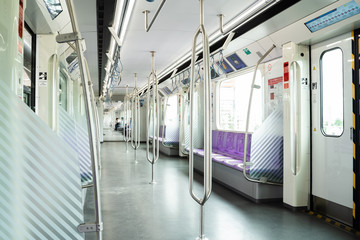 Bangkok, Thailand - 22  April  2020: MRT purple line between Tao-Poon to Khlong-Bang-Phai.Metropolitan Rapid Transit (MRT) purple line, Train park at platform waiting for the passenger.