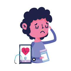 Man with cold and fever and smartphone vector design