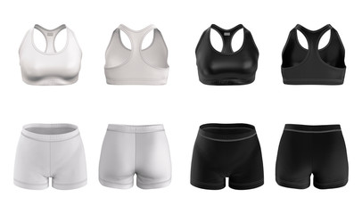 Women's shorts and top bra of white and black color. Front and back view. Sport uniform. Sportswear. Mockup for your design or branding. Blank template. 3d realistic illustration on white background