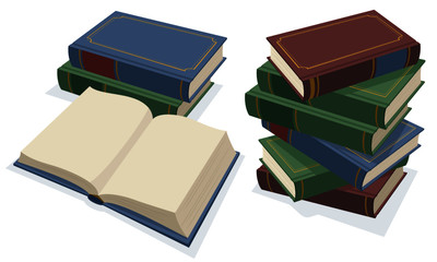 A empty book and pile of books on white background. Vector illustration in flat cartoon style.