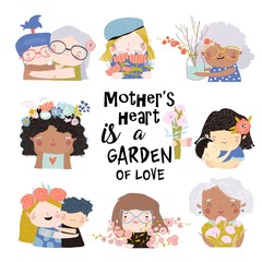Fototapeta premium Set of cute illustrations for Mothers Day in cartoon style