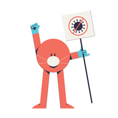 Red character with banner isolated on a white background vector stock illustration. Stop coronavirus cute illustration with red character in medical mask and gloves.