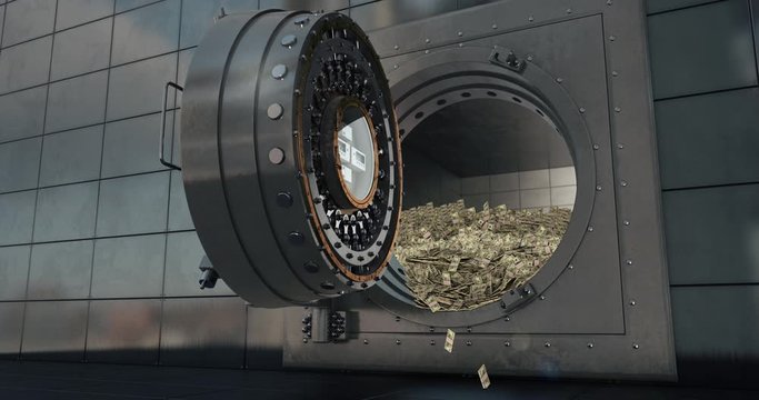 Bank vault doors open and piles of dollars are poured out. 3D render