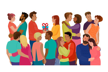 Poster with eight multi-ethnic happy pairs of lovers. Vector isolated illustration with texture. Cartoon characters for the feast of Saint Valentine